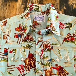 ROCKMOUNT Western Vintage Print Short Sleeve Shirt Diamond Pearl Button Size XL